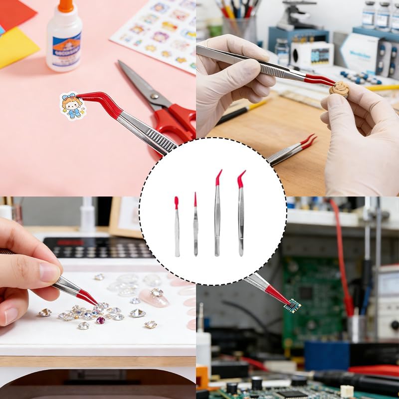 4 Pcs Rubber Tipped Tweezers Set, PVC Coated Precision Tweezers Non-Marring Craft Tweezers for Jewelry, Electronic Lab, Stamps, and Coins