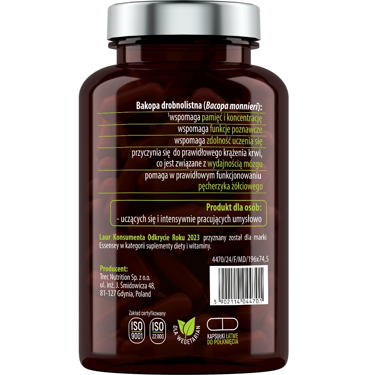ESSENSEY - Bacopa Monnieri I 250 mg I 90 Kapsułek I 50% Bakozydów I Ekstrakt z Bacopa Monnieri I Dla wegetarianI 90 Dniowych porcji