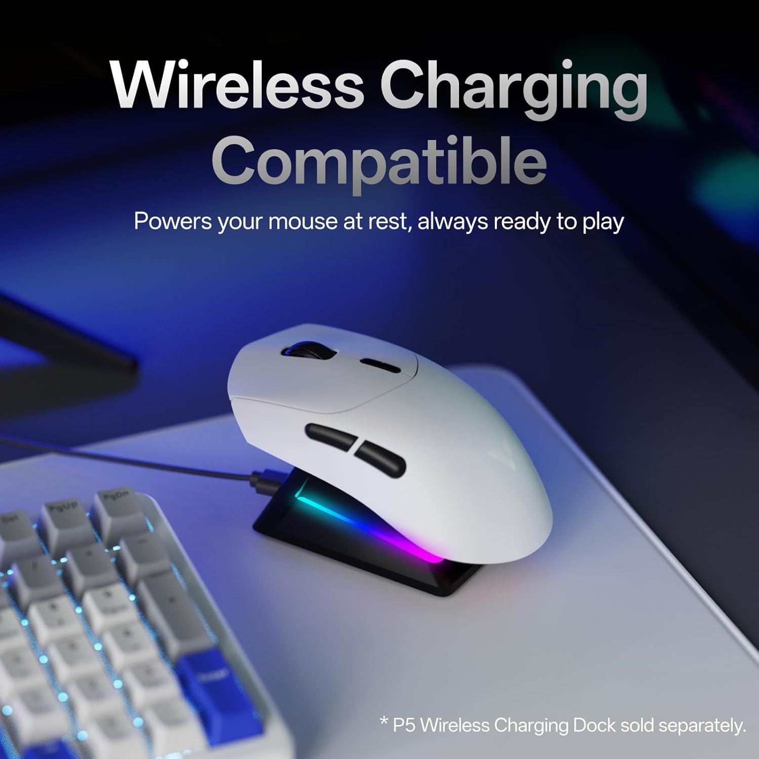 Rapoo VT7 Wireless Gaming Mouse on a wireless charging dock next to a keyboard.