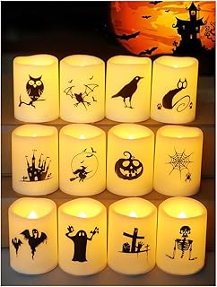 Set of 12 Halloween Votive Candles Battery Operated (White Body, Warm White Flicker) - Flameless Unscented Candles with Halloween Decals - LED Halloween Flickering Flameless Votive Candles