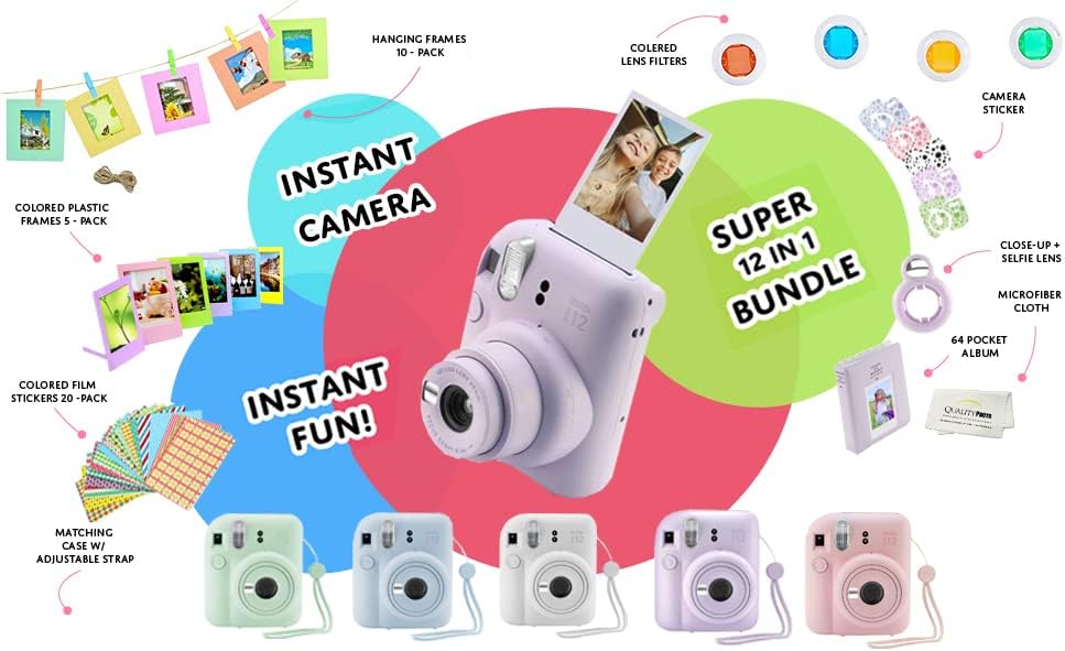 Miniatura 8 de Fujifilm Cámara instantánea Instax Mini 12 con funda, 60 películas Fuji, calcomanías decorativas, marcos, álbum de fotos y más kit de accesorios