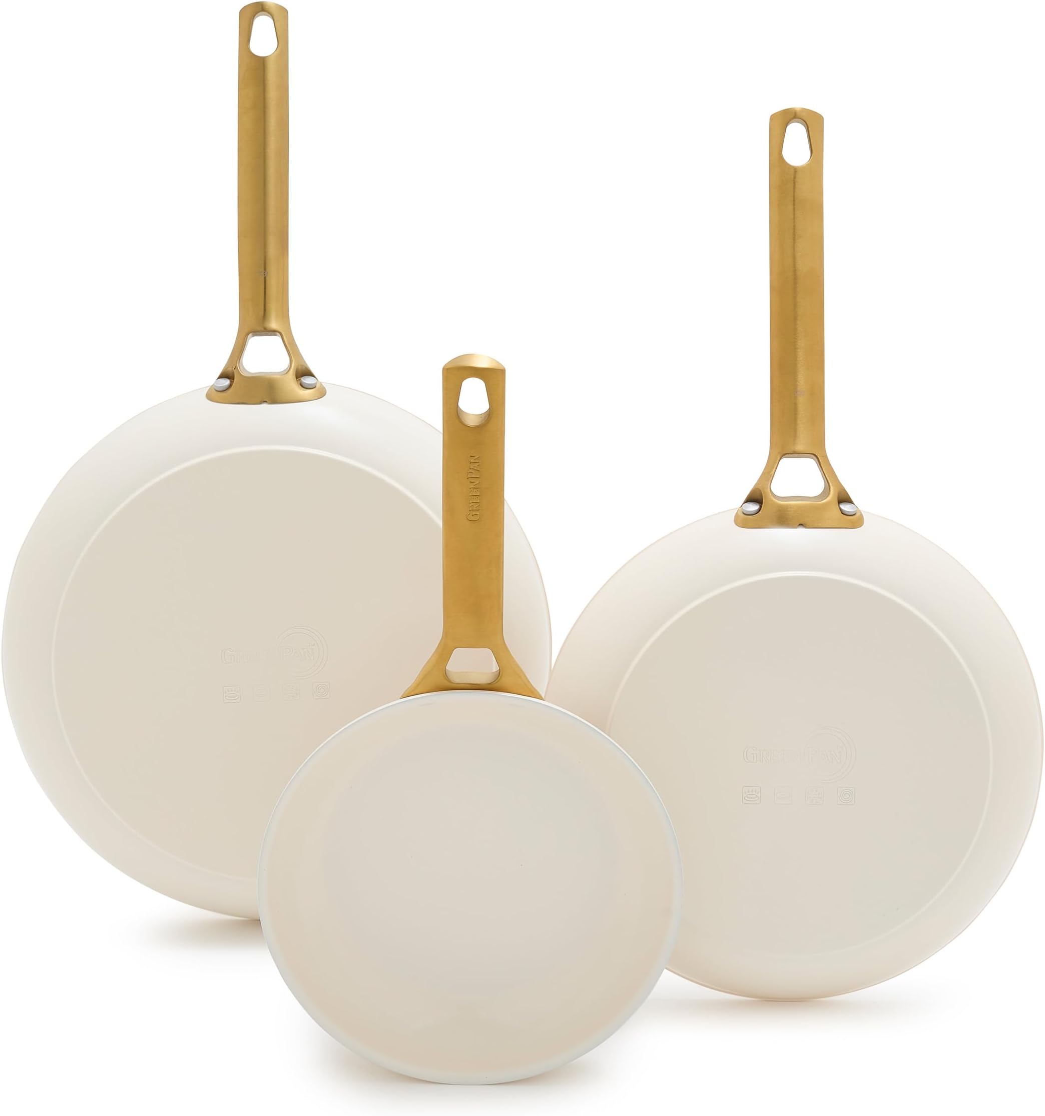 GreenPan Hard Anodized Healthy Ceramic Nonstick 8" 10" & 12" 3 Piece Frying Pan Skillet Set, Gold Handle, PFAS-Free, Dishwasher Safe, Oven Safe, Cream White
