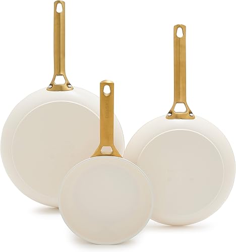 GreenPan Juego de 3 sartenes antiadherentes de cerámica anodizada dura de 8, 10 y 12 pulgadas, mango dorado, sin PFAS, apto para lavavajillas, apto