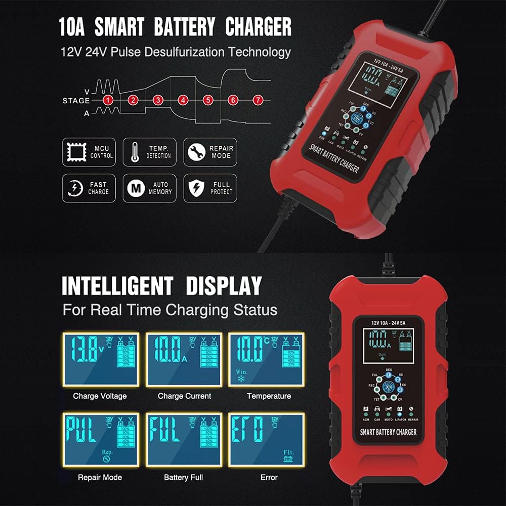 Intelligent display showing charging status and 7-stage charging process