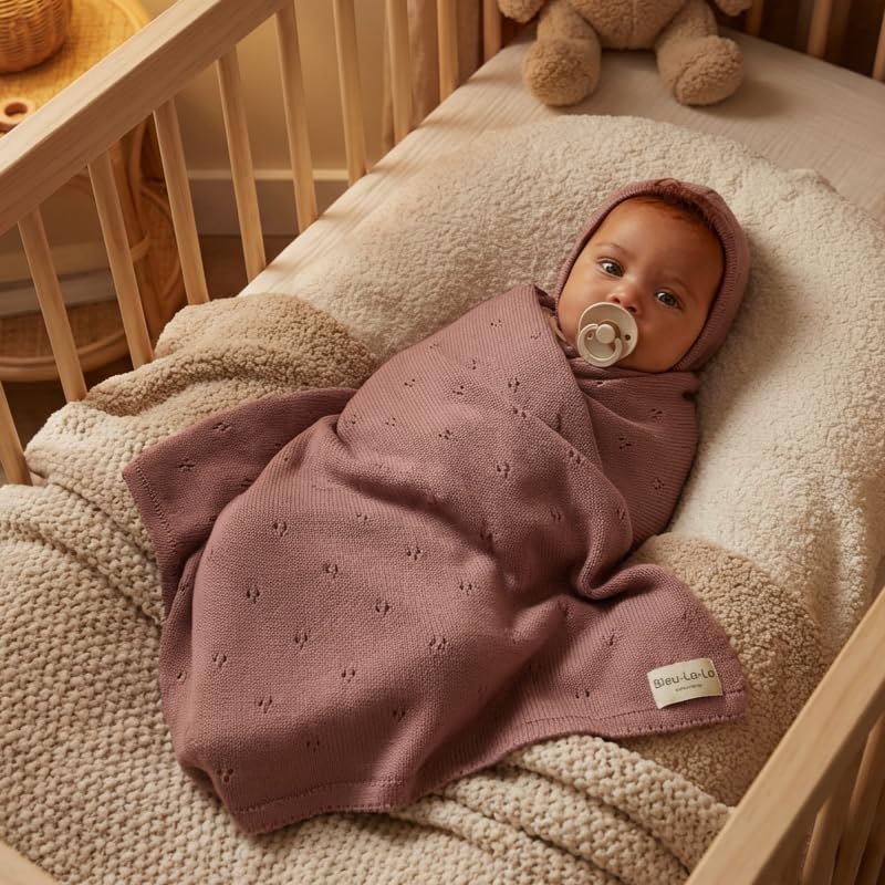Image of Baby Gift Set - Organic Cotton Newborn Blanket Essentials, Newborn Gift, Baby Girl Gift Basket (Pointelle - Sugar Plum)