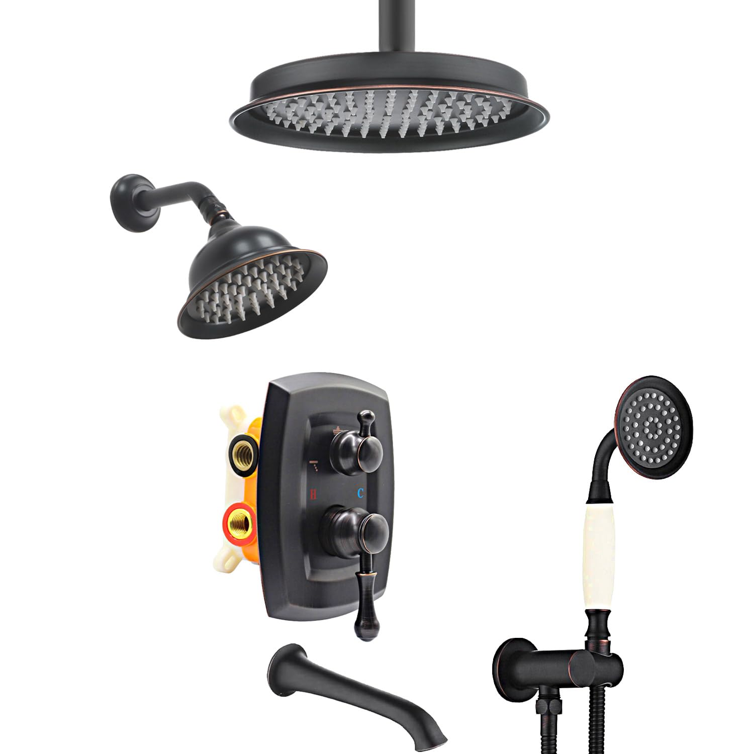 Robinet de douche double tête avec douchette main et bec baignoire