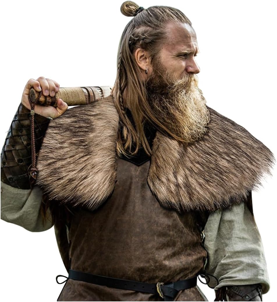 L'VOW Men Viking Fur Shawl Medieval Faux Fur Mantle Shoulder Wrap Collar Warrior Renaissance LARP Cosplay Costume
