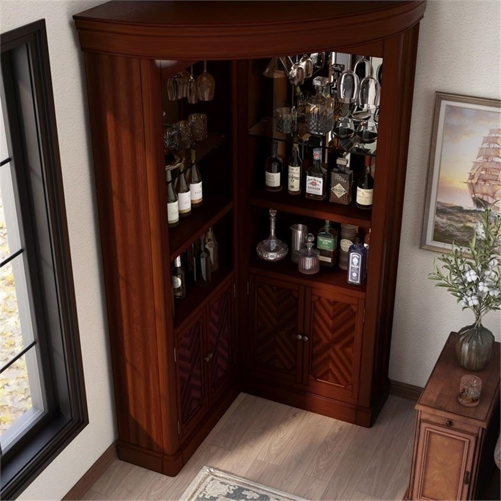 Pemberly Row 80" H Traditional Wood Corner Home Bar with 3-Tier Shelving, Built-in Rack Stores Stemware, in Dark Cherry Finish