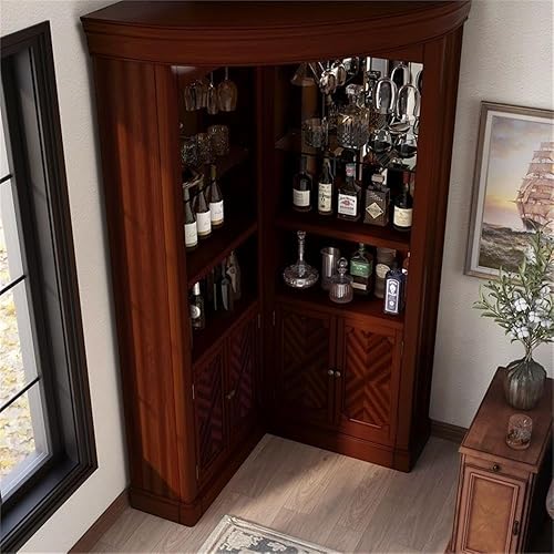 Miniatura 2 de Pemberly Row Barra de esquina tradicional de madera de 80 pulgadas de alto con estantería de 3 niveles, estante integrado almacena vasos, en acabado