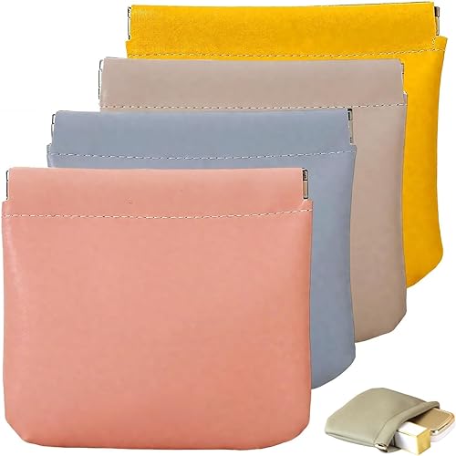 4PCS Leather Pouch, 2026 New Snap Closure Leather Organizer Pouch Self-Closing Mini Cosmetic Bag for Purse, Jewelry Eyeglasses Travel Accessories