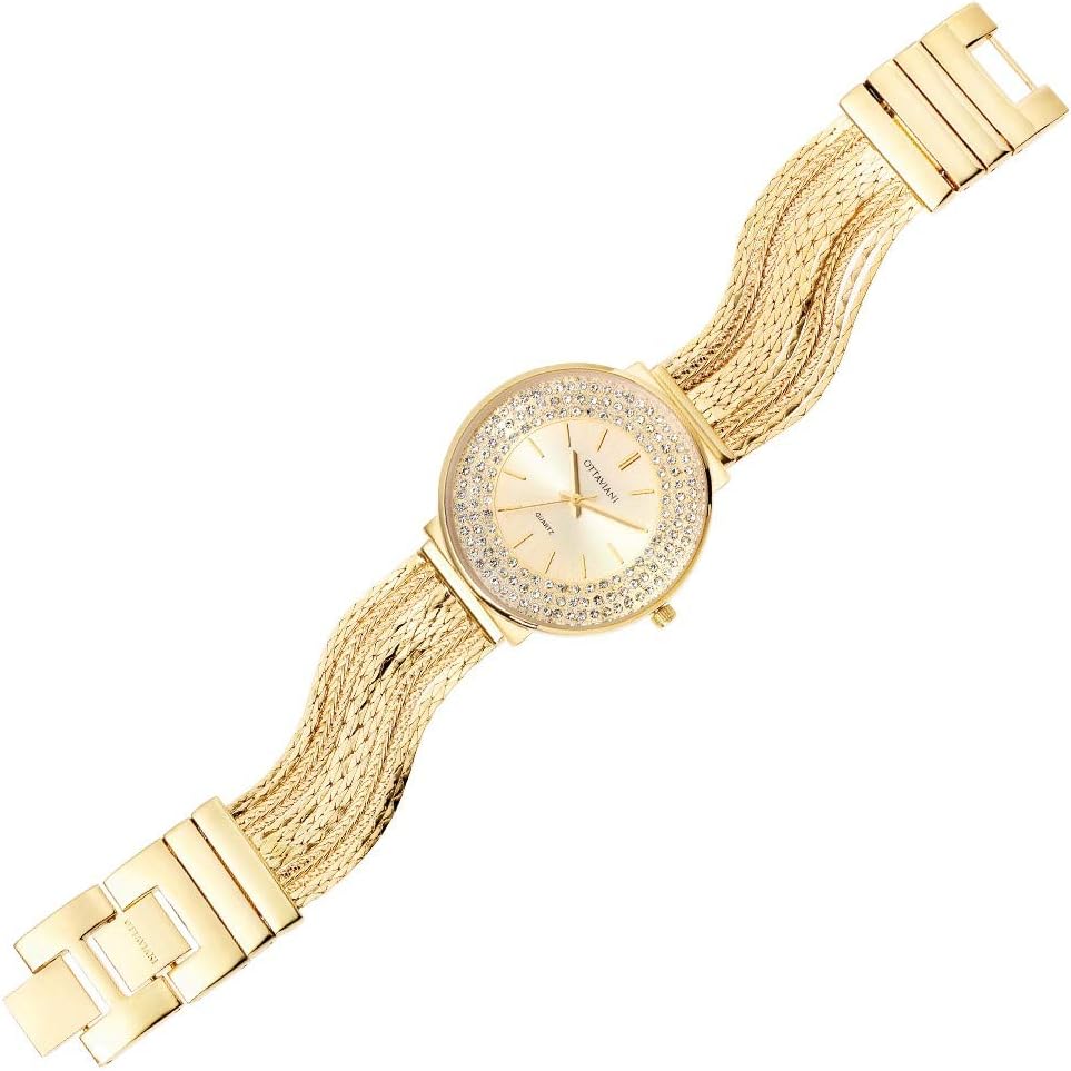 OTTAVIANI Women Only Time Clock in Gold, Steel Base with White Crystal Strap Gold Semi-Rigid