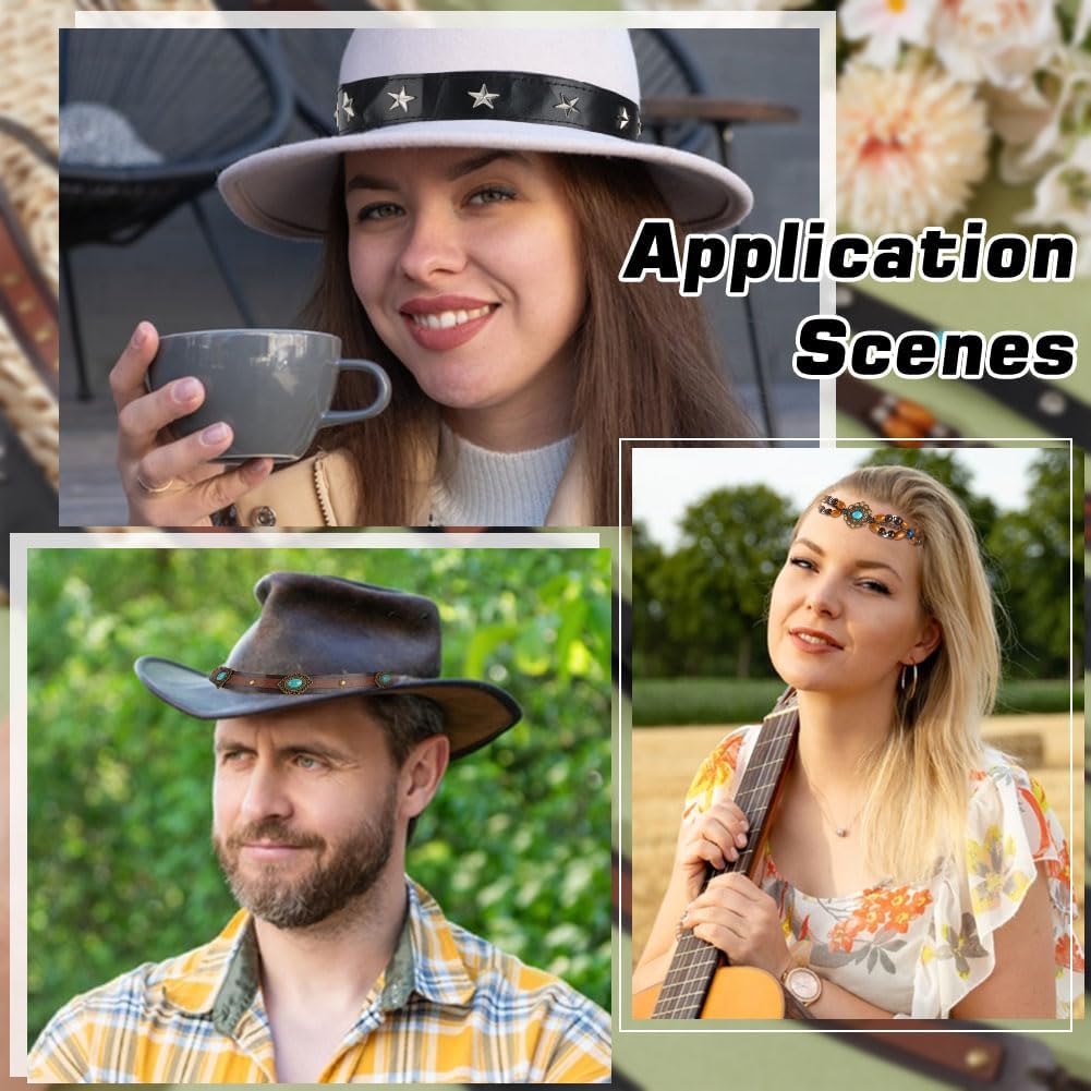 8Pcs Imitation Leather Cowboy Hat Strap 8 Styles Adjustable Western Beaded Cowgirl Hats Belt Replacement Strap Rodeo Headbands Rural Belts Ethnic Accessories for Women Men Black