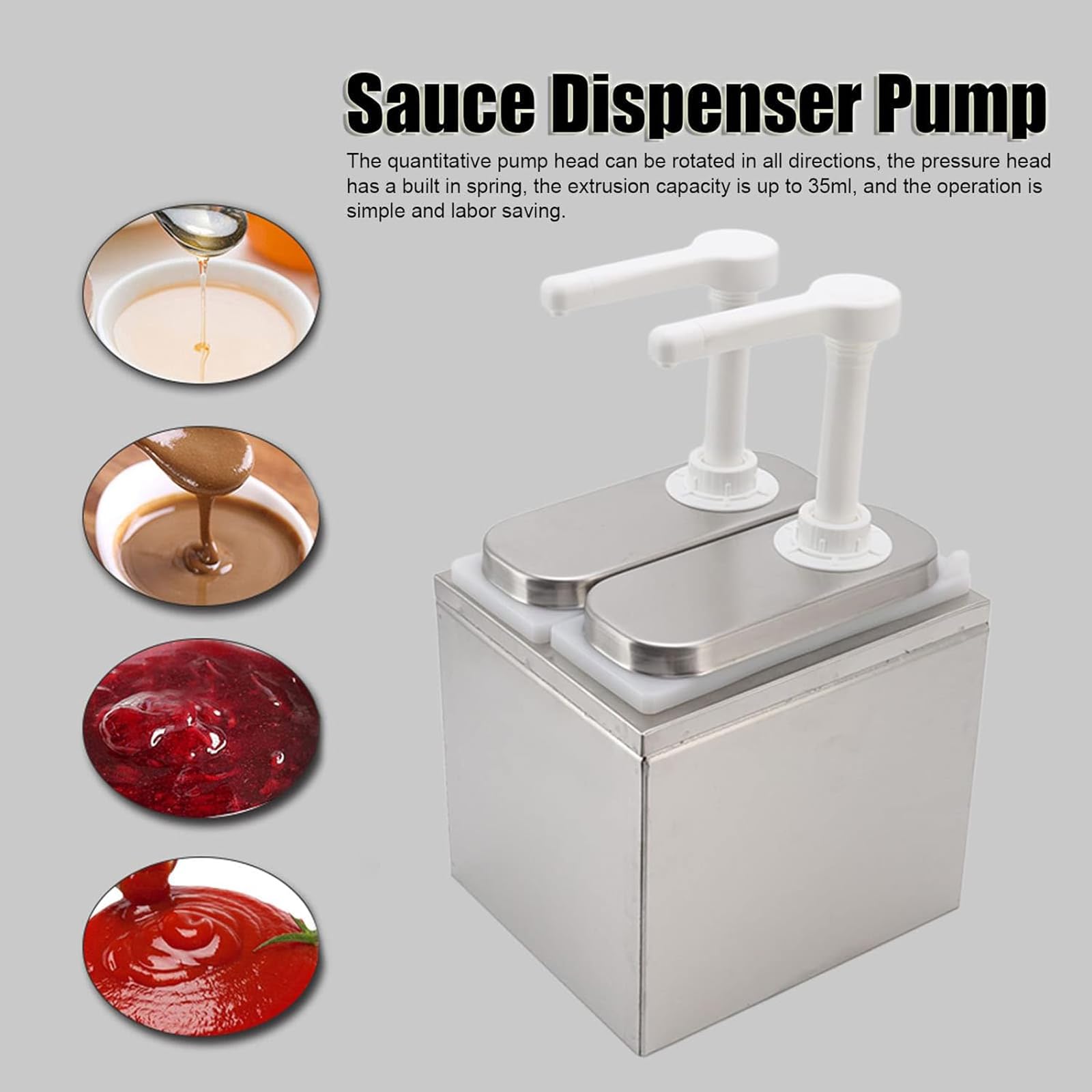 McbeAn Sauce Dispenser, 2L Condiment Pump Station, Plastic and Stainless Steel, 360° Rotating Pressure Head, Quantitative Pressure Pump, for Household/Commercial/Milk Tea Shop/Catering Store