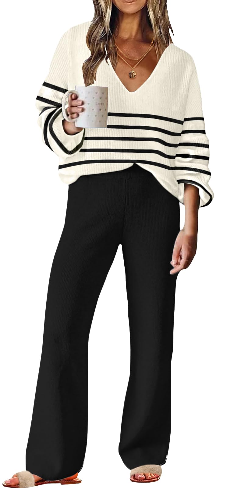 ETCYY NEWWomens 2 Piece Outfits Sweater Lounge Set Casual V Neck Knit Pajama Set Long Sleeve Top Wide Leg Pants Loungewear