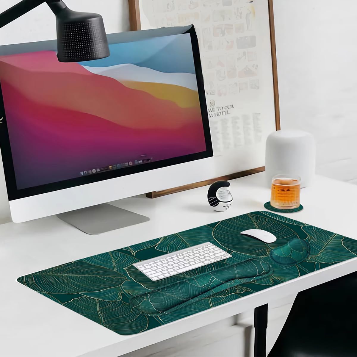 Ergonomiczna duża podkładka pod mysz i klawiaturę, podkładka na biurko do klawiatury i myszy, duża podkładka pod mysz 4 w 1 z podparciem nadgarstka, do domu, biura, nauki, gry, zielone liście