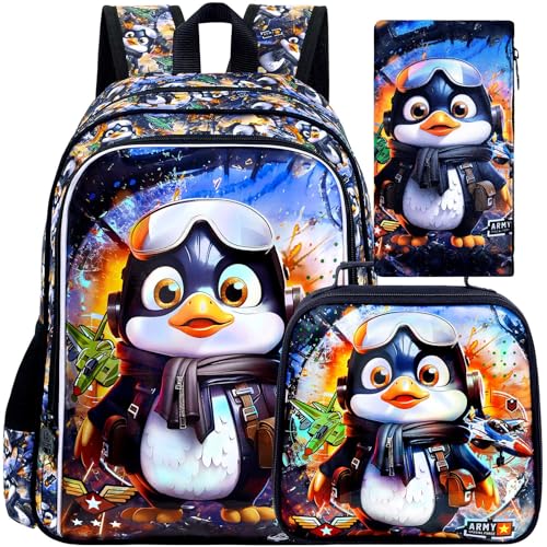 Image of 16 inch Penguin Backpack for Boy, 3Pcs Kids Bookbag for Elementary Preschool Kindergarten, School Backpacks with Lunch Box(Black)