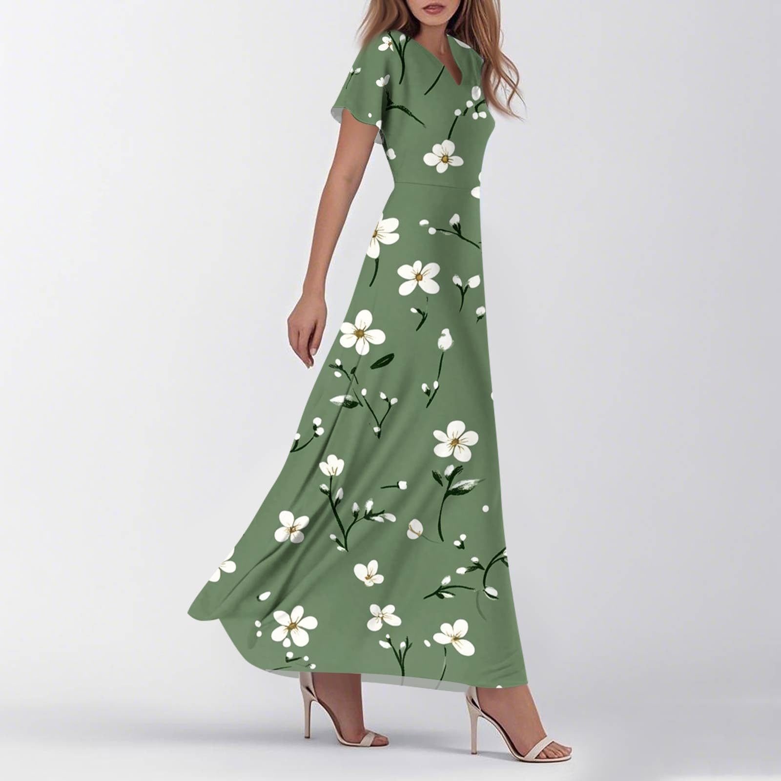 Sommerkleid Damen Lang Chiffon Geblümt Maxikleid Elegant Italienische Kleider Maxi A Linie Sommerkleider Leicht Und Luftig Chiffonkleid Frauen Sommer Blumen V Ausschnitt Kleid Flatterärmel
