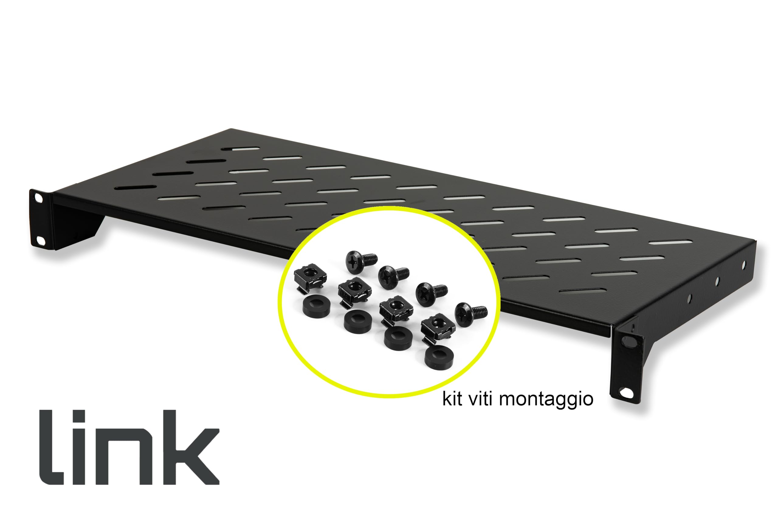 LINK LKRIP200N - Mensola in acciaio per armadio rack 19" (200 mm profondità, nero RAL9005) – Superficie traforata per ventilazione – Portata 30 kg e attacchi frontali universali