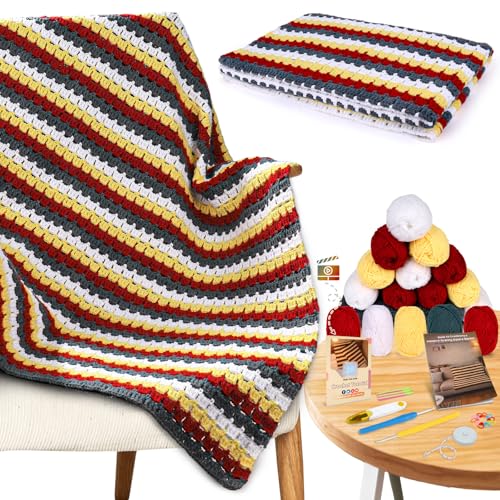 Image of Aeelike Crochet Blanket Kit for Beginners, Colorful Mosaic Stripe Blanket, 42PCS Complete Beginner Crochet Kit for Adults & Kids w Premium Yarn Beginner Friendly Videos Tutorials & Instructions