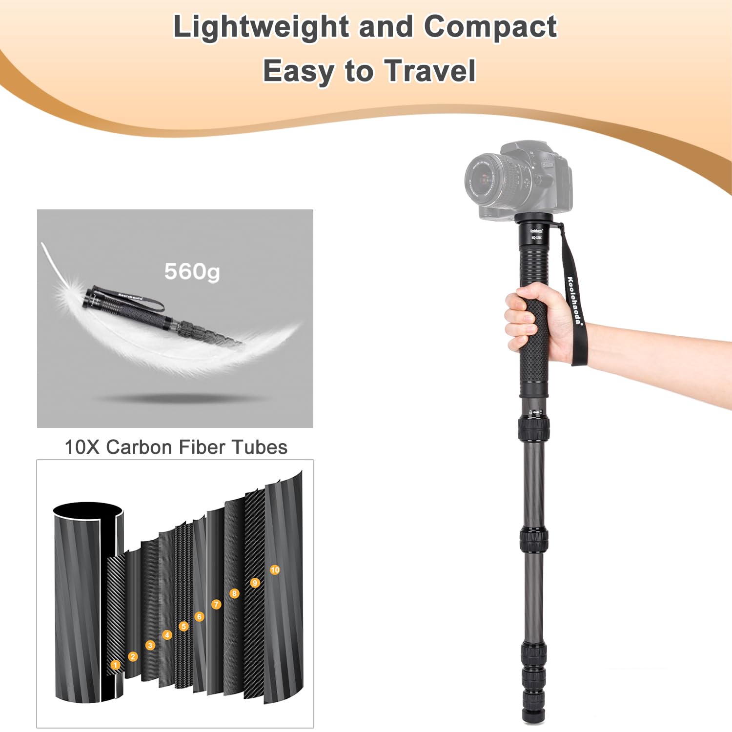 Koolehaoda Camera Monopod Carbon Fiber Fotografie Monopod ∅28mm Buis 5-Delig 166cm Hoogte Lichtgewicht & Draagbare Camera Unipod Stick, voor Camera's Canon, Nikon & Sony Spiegelloos & DSLR