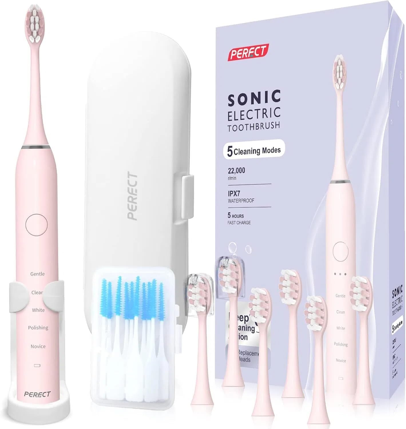 PERECT Ultrasonic Electric Toothbrush with 6 Brush Heads, 5 Modes Electric Toothbrush, Travel Rechargeable Power Toothbrush for Adults with Smart Timer &Travel Case & Soft Picks, IPX7 Waterproof, Pink PERECT Ultrasonic Electric Toothbrush with 6 Brush Heads, 5 Modes Electric Toothbrush, Travel Rechargeable Power Toothbrush for Adults with Smart Timer &Travel Case & Soft Picks, IPX7 Waterproof, Pink