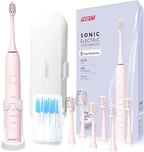 PERECT Ultrasonic Electric Toothbrush with 6 Brush Heads, 5 Modes Electric Toothbrush, Travel Rechargeable Power Toothbrush for Adults with Smart Timer &amp;Travel Case &amp; Soft Picks, IPX7 Waterproof, Pink
