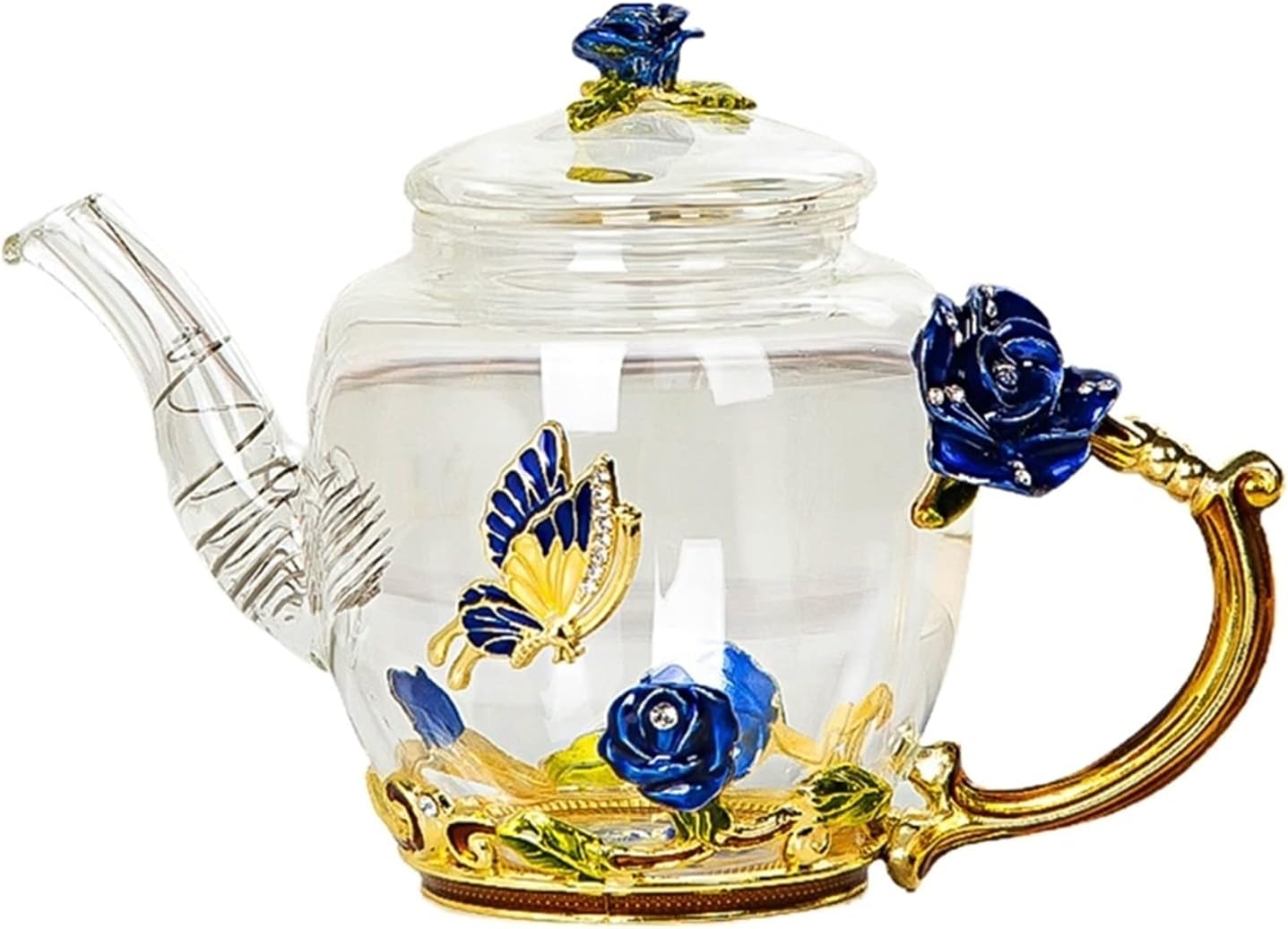 JANSON Glass Teapot-enamel Rose Flower Butterfly Decoration Heat-resistant Glass Teapot Kettle With Filter Fit For Blooming Tea Leaves Tea Scoops (Color : B)