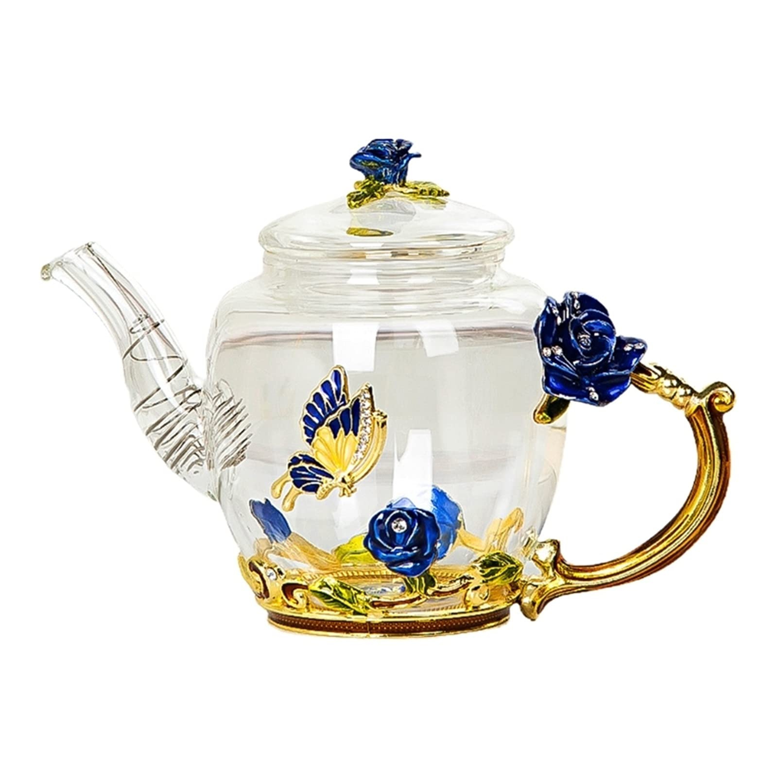 JANSON Glass Teapot-enamel Rose Flower Butterfly Decoration Heat-resistant Glass Teapot Kettle With Filter Fit For Blooming Tea Leaves Tea Scoops (Color : B)