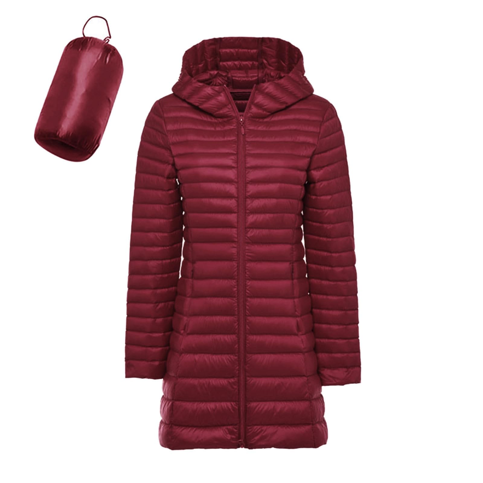 Generisch Piumino da donna leggero tinta unita piumino ultraleggero piumino lungo imballabile giacca trapuntata con cappuccio leggero cappotto funzionale giacca invernale largo cappotto piumino