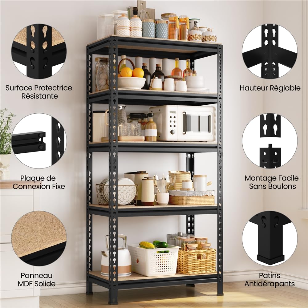 Yaheetech 5 Etagères de Rangement 150 x 70 x 30 cm Étagère Metallique Atelier/Garage/Cuisine Charge Lourde 130 kg par Niveau sans Boulons Noir
