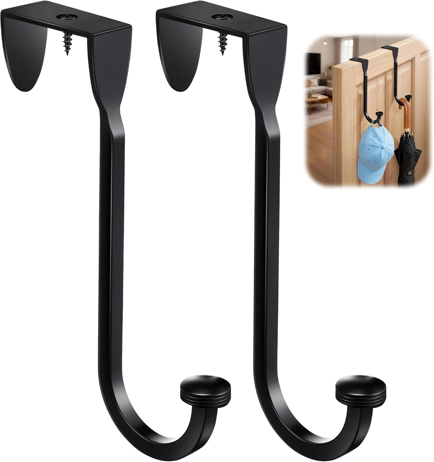 Enhon 2 Pack Heavy Duty Over The Door Hooks, Single Over Coat Hanger Fit 1 3/8"-1 3/4" Thick Doors, Reinforced Black Organizer Hanger, Coat Hook Towel Racks for Hanging Clothes, Towels, Hats, Bags