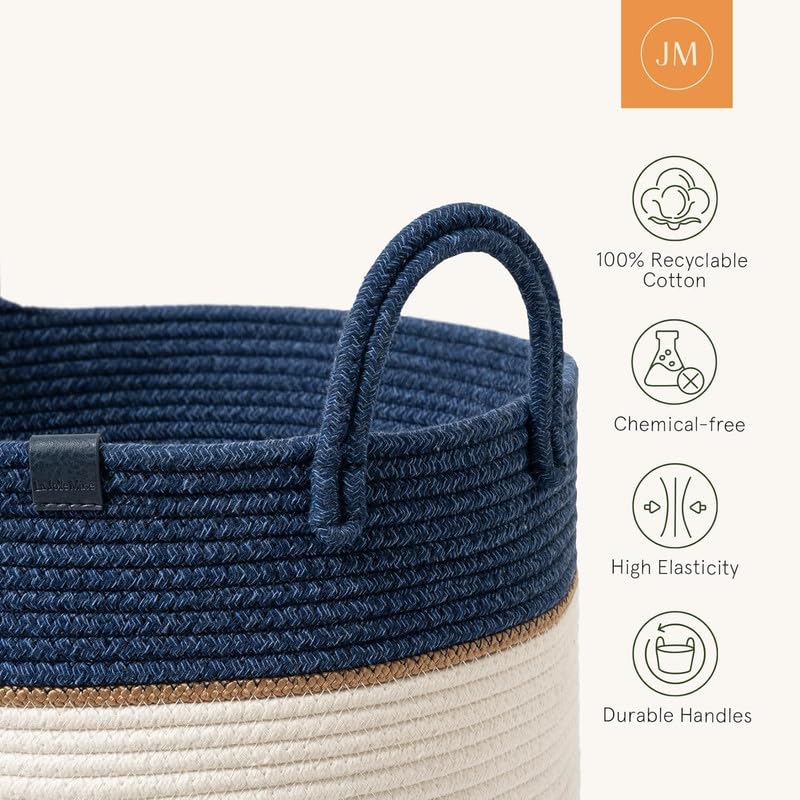 Image of Storage Cotton Rope Basket and Laundry Hamper for Dirty Clothes, Towels, Blankets, Pillows Storage in Living Room, Laundry Room and Bedroom (Blue White, 14x18 Inch)
