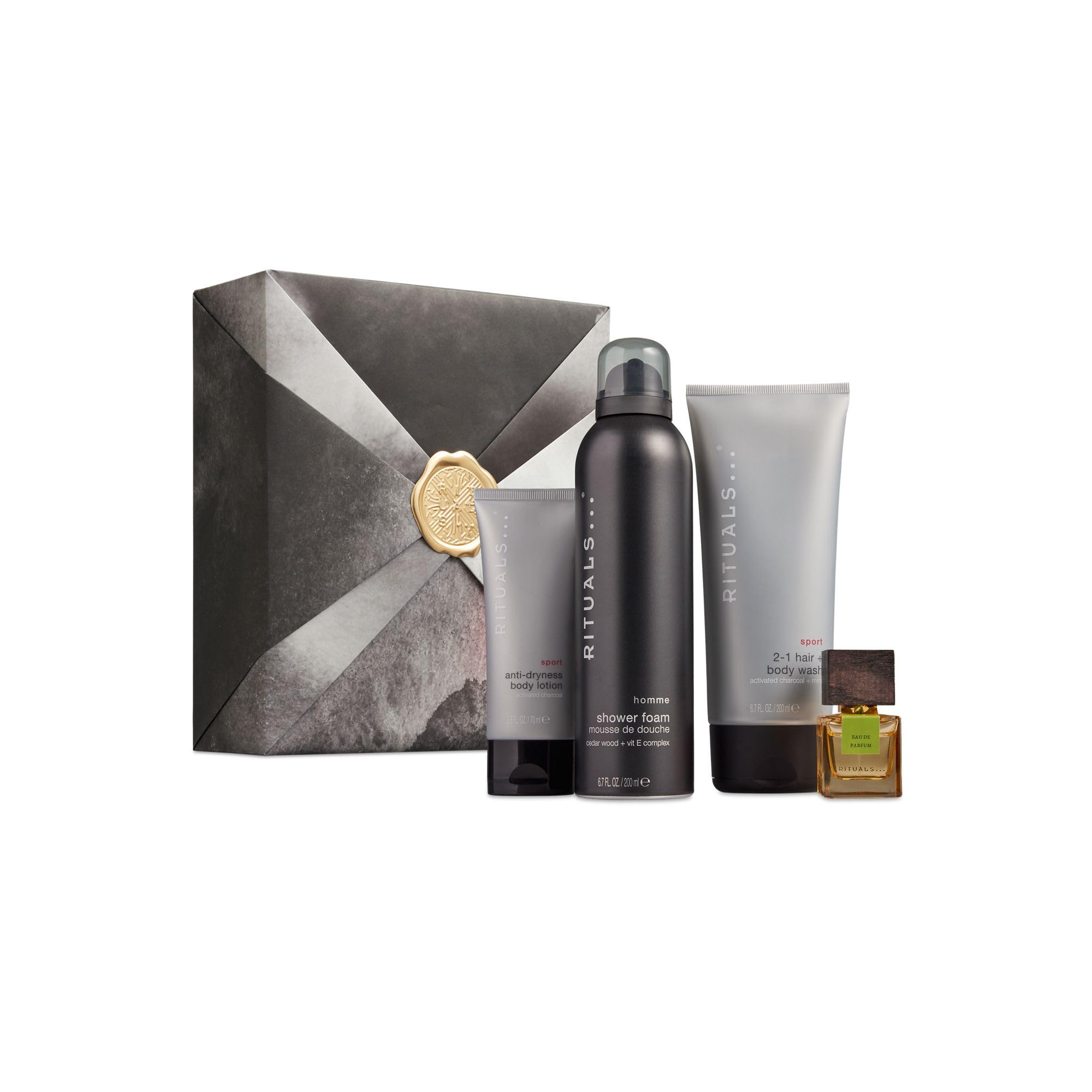 RITUALS HOMME MEDIUM SET 2023 Geschenk-Set M (Body Lotion 70ml + Shampoo & Body Wash 200ml + L'Essentiel Eau de Parfum 15ml + Shower Foam 200ml)