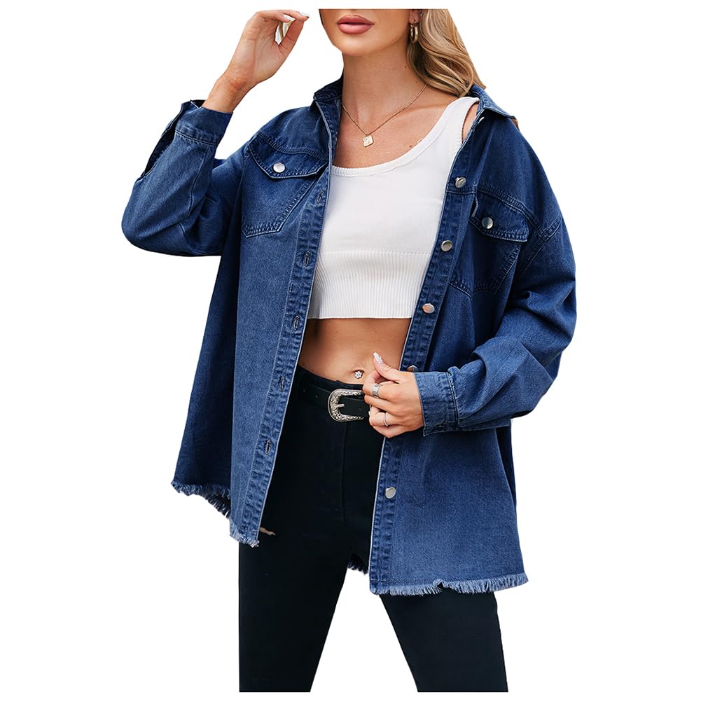 Mujer Blusas con Cuello en Solapa Suelta Tunica Tops Camisa Vaquera Boyfriend Extragrande Tejido Denim Lavado Manga Larga Camisa Vaquera Western con Botones