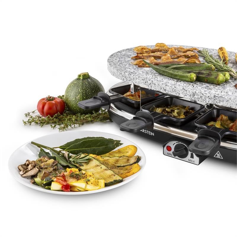 Klarstein Appareil a Raclette, Machine a Raclette avec Pierrade de 1500W, Gril en Pierre Naturelle, Appareil Rotatif et Ajustable pour 8 Personnes, Poelon Service Complet à