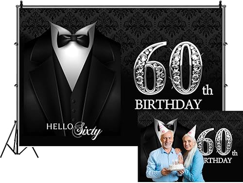 Decoración de fondo de fotografía de cumpleaños 60 para hombre, de 8 x 60 pies, corbata negra, traje de esmoquin, telón de fondo para fotos,