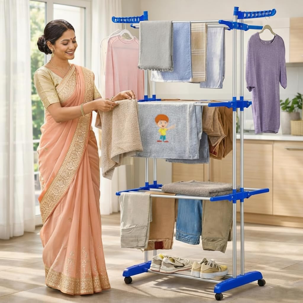 JD FRESH 4 Tier Stainless Steel Clothes Drying Stand/Cloth Dryer for Balcony/Indoor/Outdoor/Space Saving Cloth Hanger Stand with 24 Rods/Big Foldable Laundry Rack with Wheels (Blue)-image-33