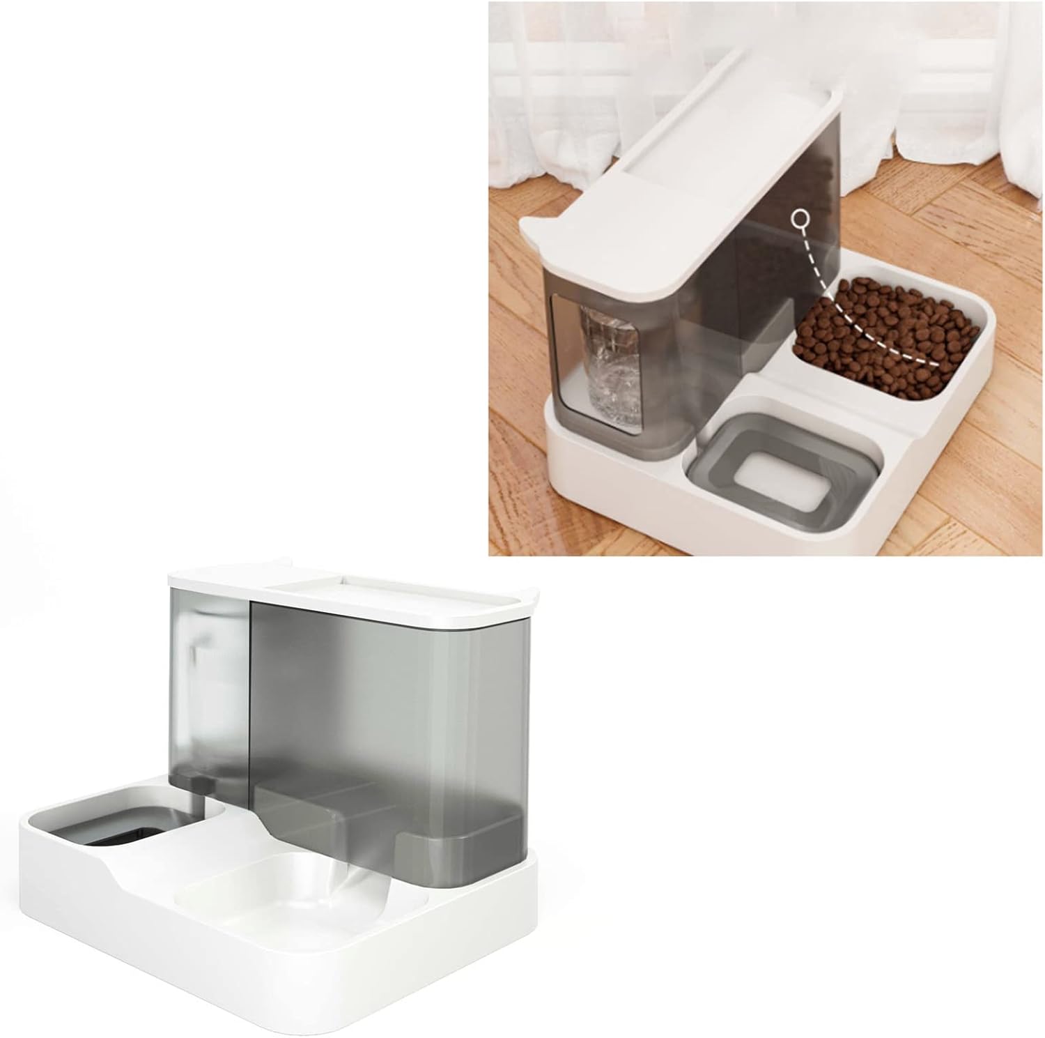 All in One Automatic Cat Feeder and Water Dispenser Set, 2 in 1 Large Capacity Transparent Window Automatic Pet Feeder for Dog Cat (Grey)