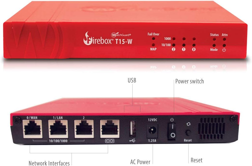 WatchGuard Firebox T15-W front and rear view with labeled ports