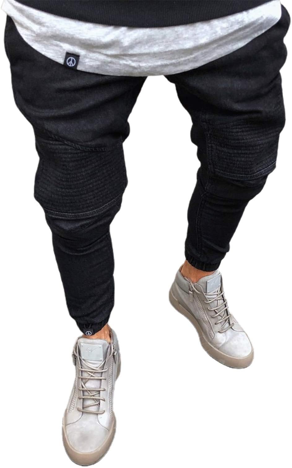 CHARTOU Men's Comfy Mid-Rise Tapered Leg Moto Biker Jogger Denim Pants (30, Black)