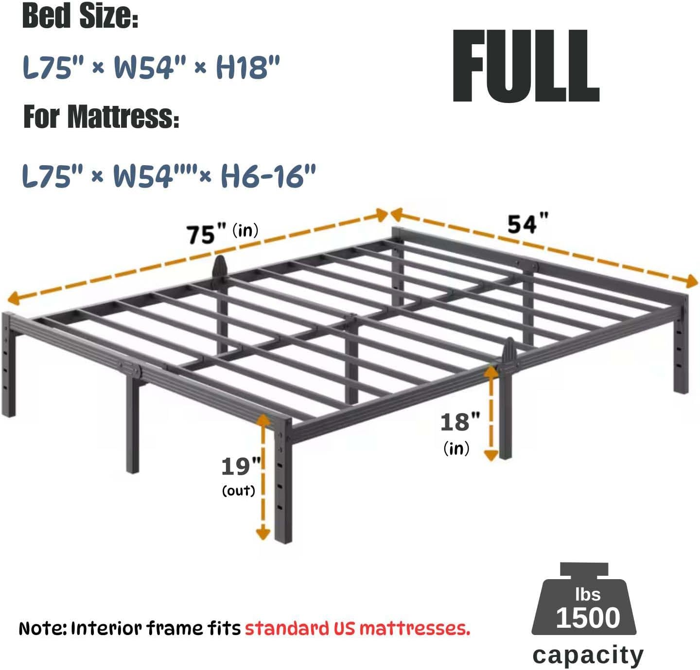 ZIYOO 18 Inch Full Size Metal Platform Bed Frame,Mattress Anti-Slip Design