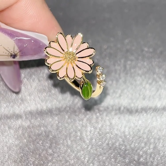 Kokoma Pink Daisy Flower Ring for Women Green Leaf Cubic Zirconia