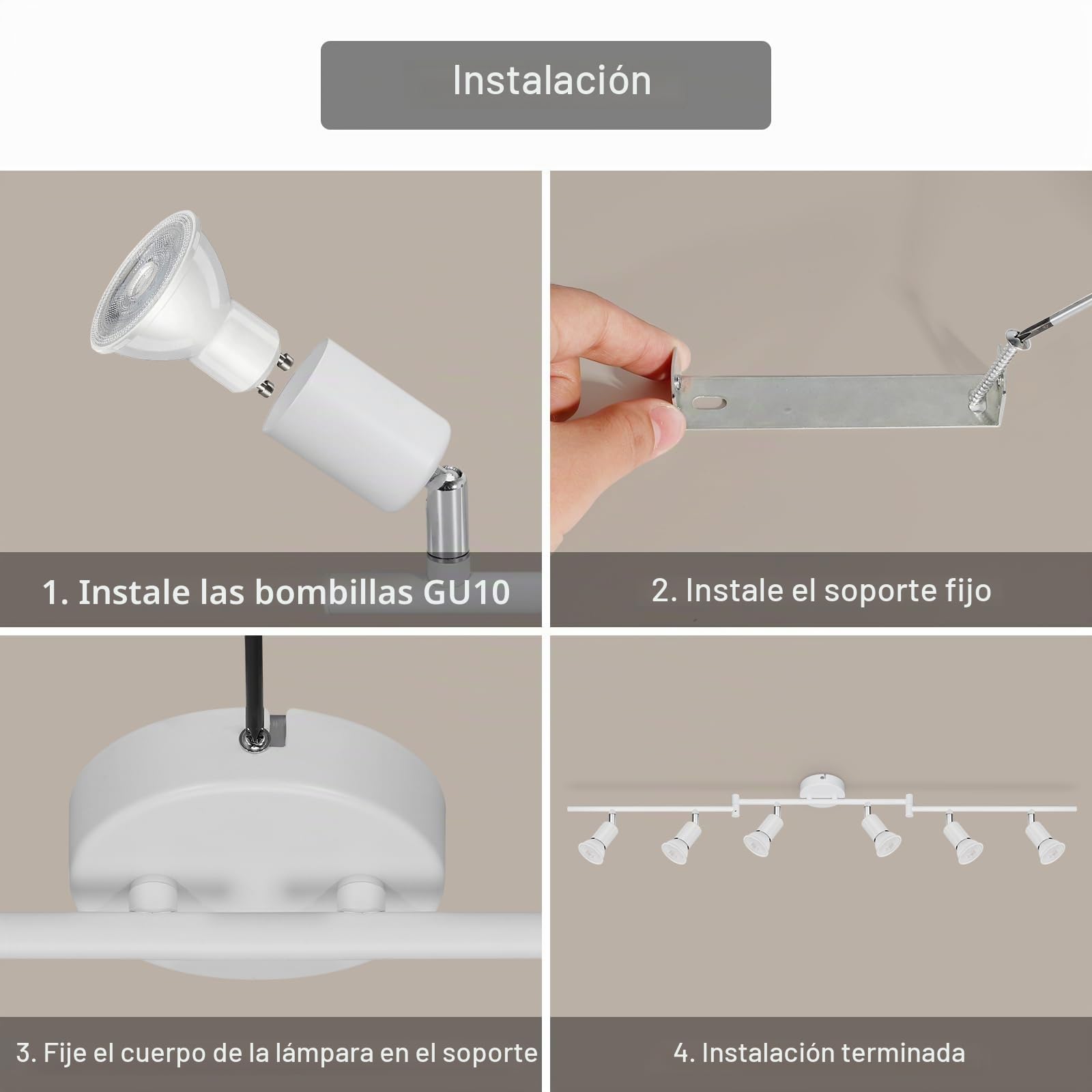 Lámparas de Techo LED 6 Focos Orientables, Luz de techo Blanco Giratoria GU10 para Dormitorio Habitacion Salon Cocina Barra sin Bombilla