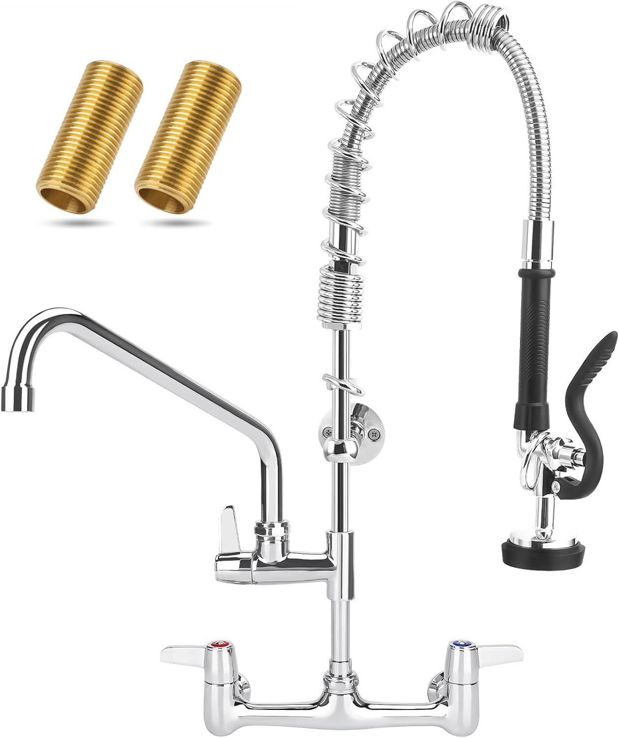 Commercial Faucet with Sprayer, 25 Inch Height Commercial Sink Faucet Wall Mount with 8" Adjustable Center and 12" Add-on Swing Spout & Pull Down Pre Rinse Sprayer
