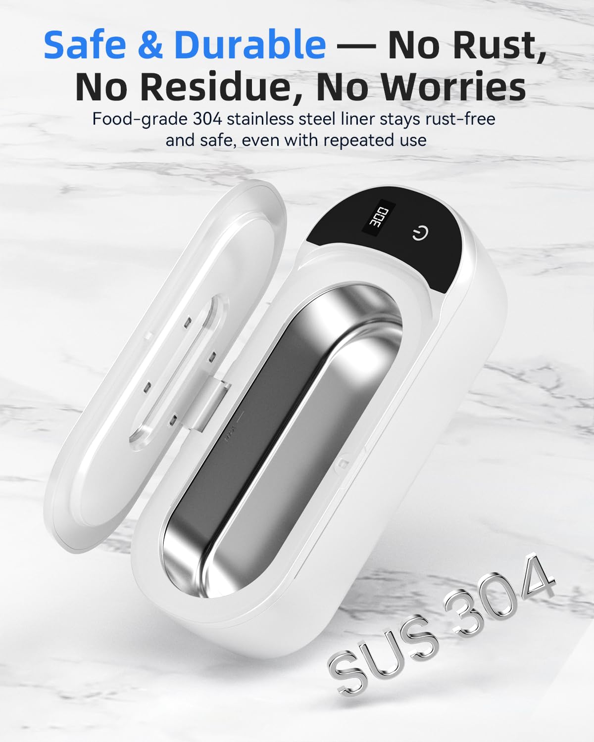 KUNPHY Ultrasonic Jewelry Cleaner, 48KHz Jewelry Cleaner Machine with Digital Timer, Dual Cleaning Modes, 304 Stainless Steel Tank for Rings, Eyeglasses, Retainers, Dentures, White