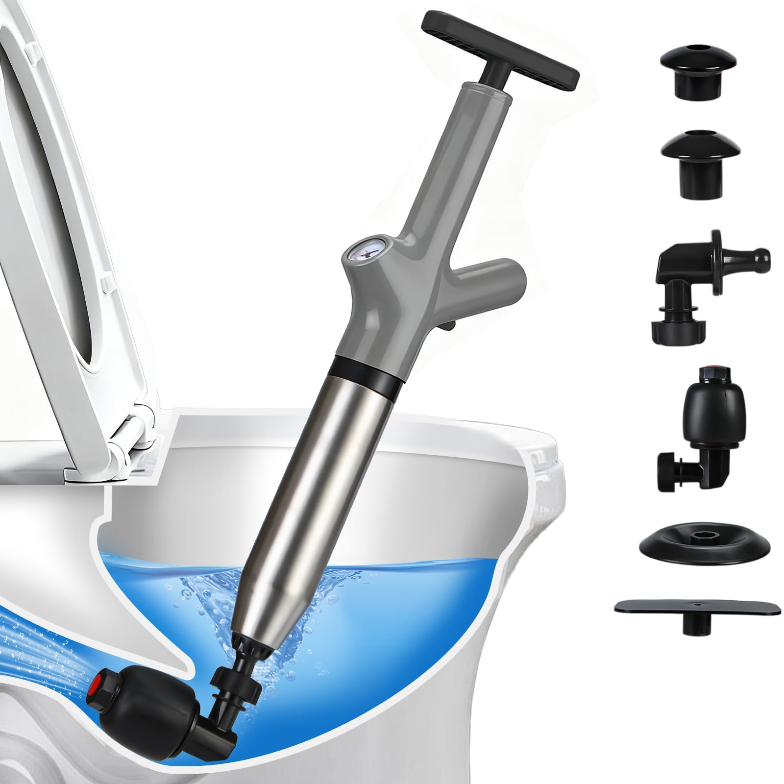 toilet plunger, high pressure drain unclogger plungers with pressure gauge, toilet auger air drain blaster, versatile heavy duty clog remover for bathroom, kitchen, floor drain