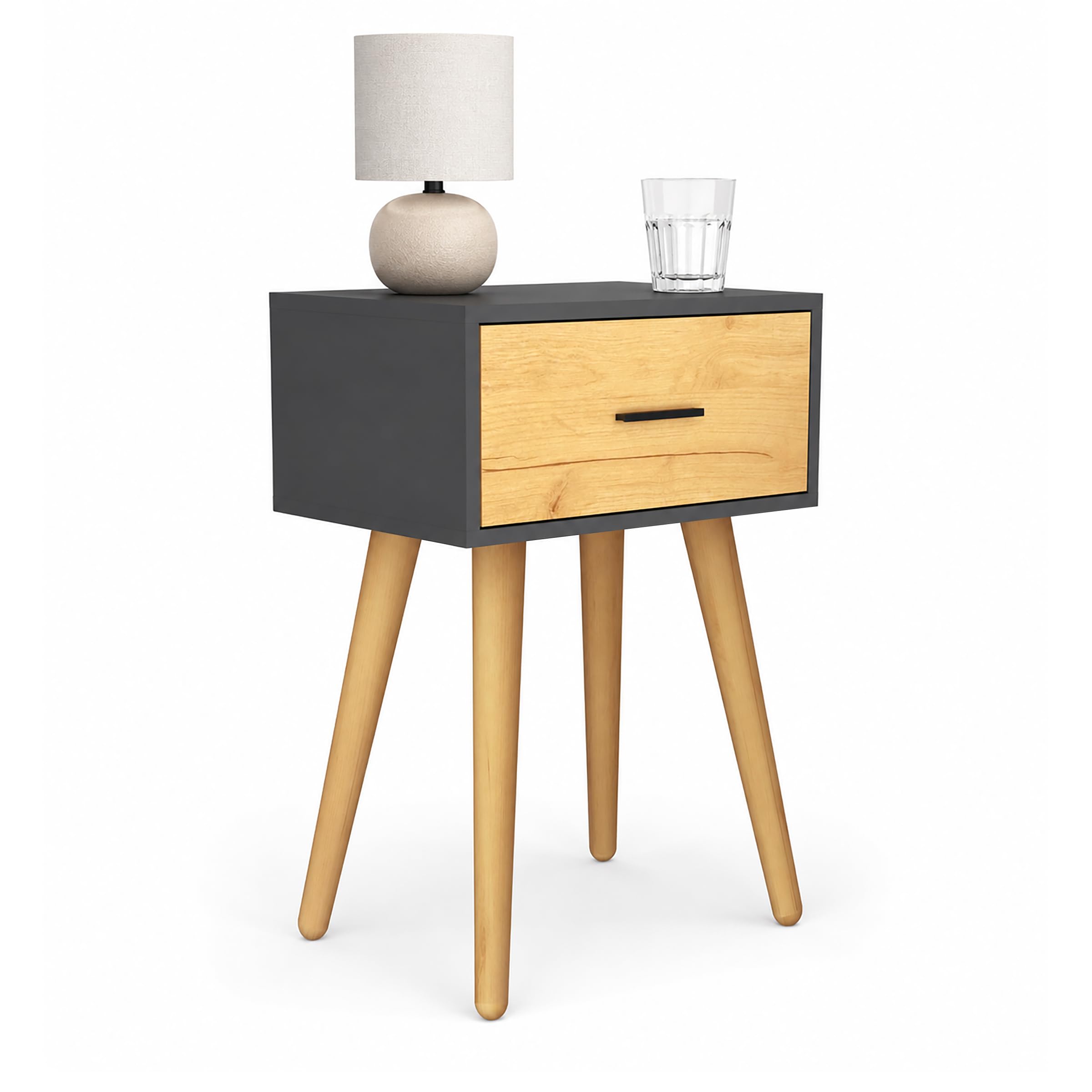 VCM Beistelltisch Nachttisch mit Schublade, 45 x 30 x 56 cm, Holzoptik, modernes Retro-Design - Singol L Anthrazit/Honig-Eiche
