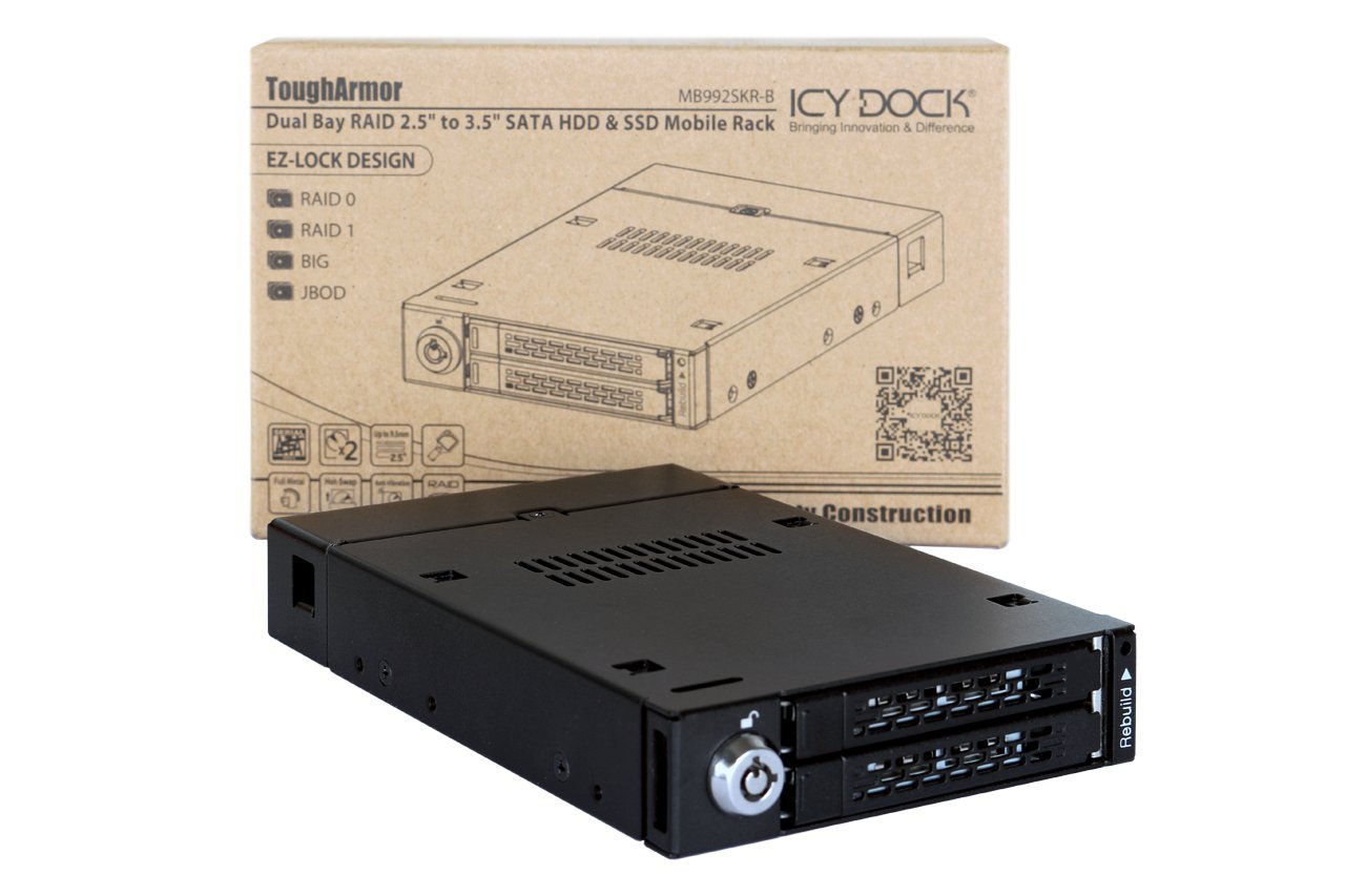 ICY DOCK ToughArmor MB992SKR-B Rack móvil, Robusto gabinete de Rack metálico para 2 x SSD o 2.5" SATA HDD en 1 bahía de 3.5 con Sistema Raid Integrado, Raid 0/1 / Big/JBOD
