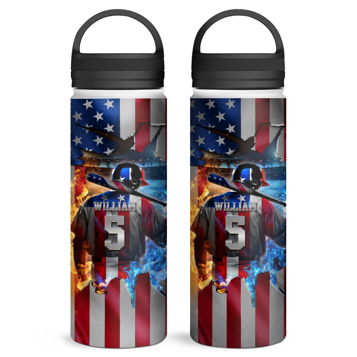 winorax Baseball Water Bottle Personalized Baseball Player American Flag Stainless Steel Insulated 32oz 18oz 12oz Bottles For Men Boys Coach Sports