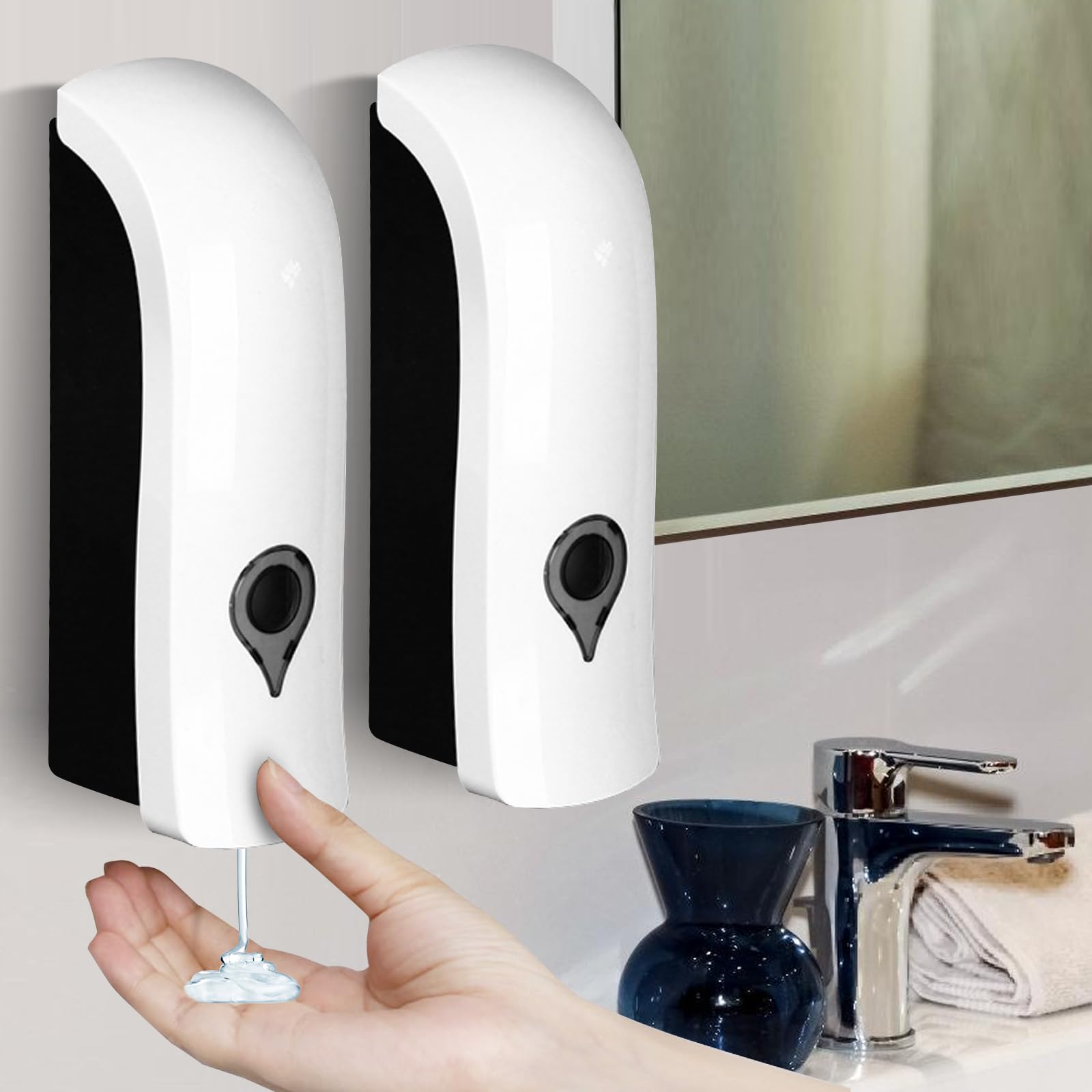 Distributeur Savon Mural 2 Pièces, Distributeur de Savon Mural 300ml, Distributeur Savon Mural sans Percage Ou Installation à Vis pour Toilettes, Salles de Bains et Cuisines, Blanc